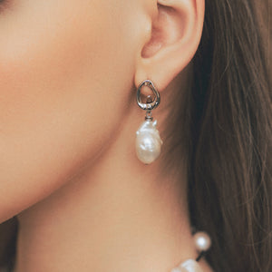 Oval Silver Clasp with White Baroque Pearl Earrings