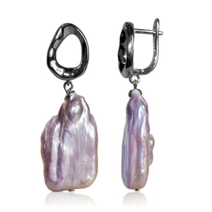 Silver Abstract Clasp Lavender Baroque Pearl Earrings