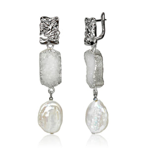 Sculpted Silver Druzy & Baroque Pearl Drop Earrings