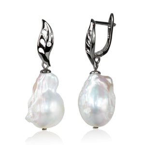 Silver Leaf White Baroque Earrings