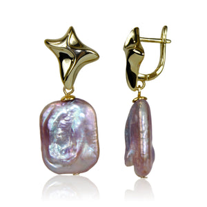 Golden Star Purple Baroque Pearl Earrings