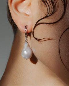 Elegant white baroque pearl drop earrings with silver hoops — timeless bridal and anniversary jewellery