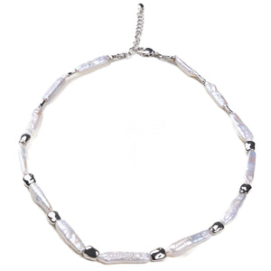 Mayfair Pearls statement necklace featuring elongated white baroque pearls.