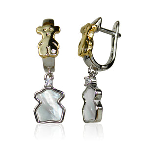 Gold teddy bear earrings with mother-of-pearl drop charms. Perfect gifts for her. 