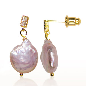 Mayfair Pearls gold earrings with pink baroque pearls and zircon studs.