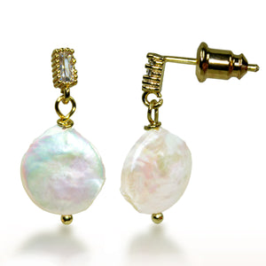 Pearl earrings with gold accents on a white background
