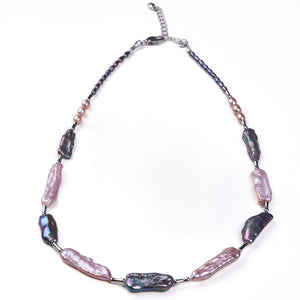Elegant pink and dark iridescent stick pearl necklace with sterling silver clasp