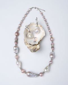 Pink and lavender baroque pearl necklace with matching earrings set