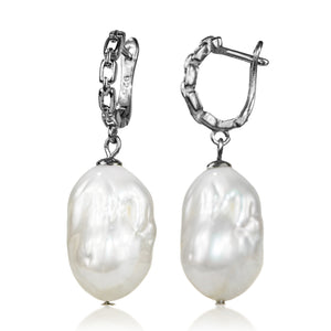 White baroque pearl drop earrings with sterling silver chain hoops — handcrafted Mayfair Pearls jewellery
